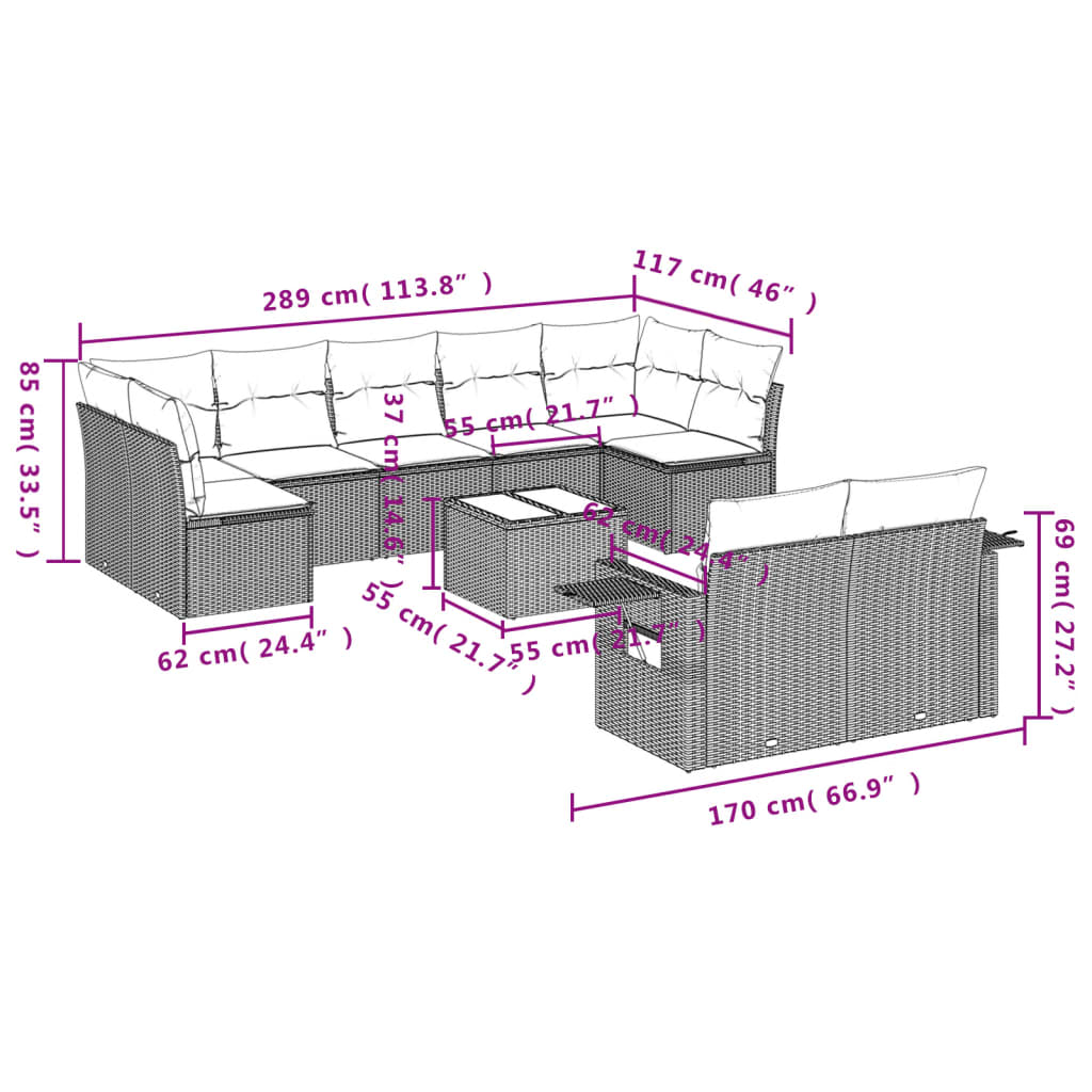 10-teiliges Gartensofa-Set mit Kissen, schwarzes Polyrattan