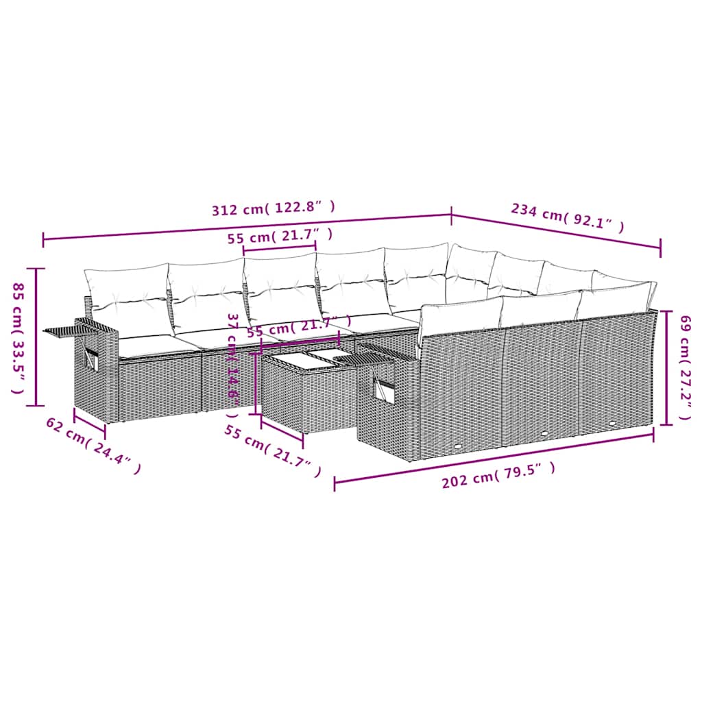 11-tlg. Garten-Sofagarnitur mit Kissen Hellgrau Poly Rattan
