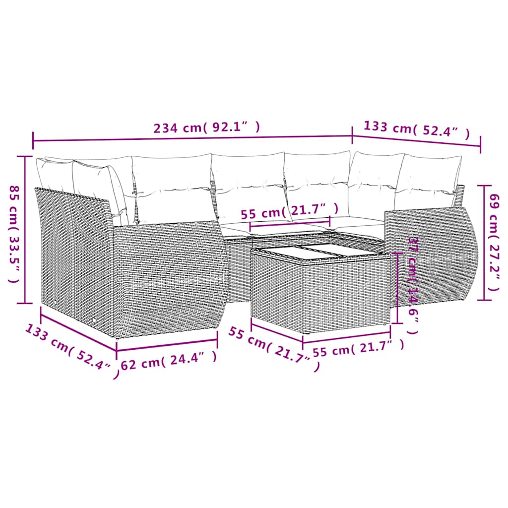 7-teiliges Gartensofa-Set mit Kissen, braun, Polyrattan