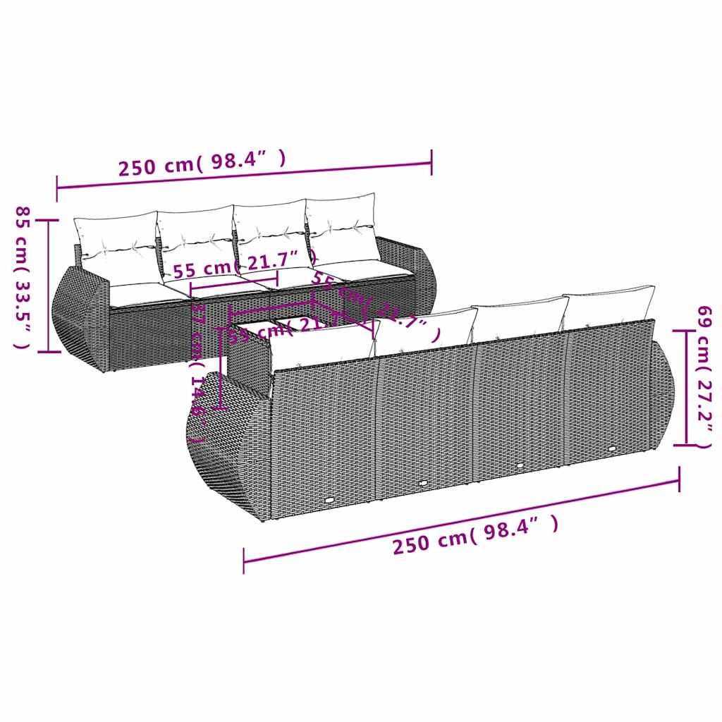 9-teiliges Gartensofa-Set mit Kissen, braun, Polyrattan