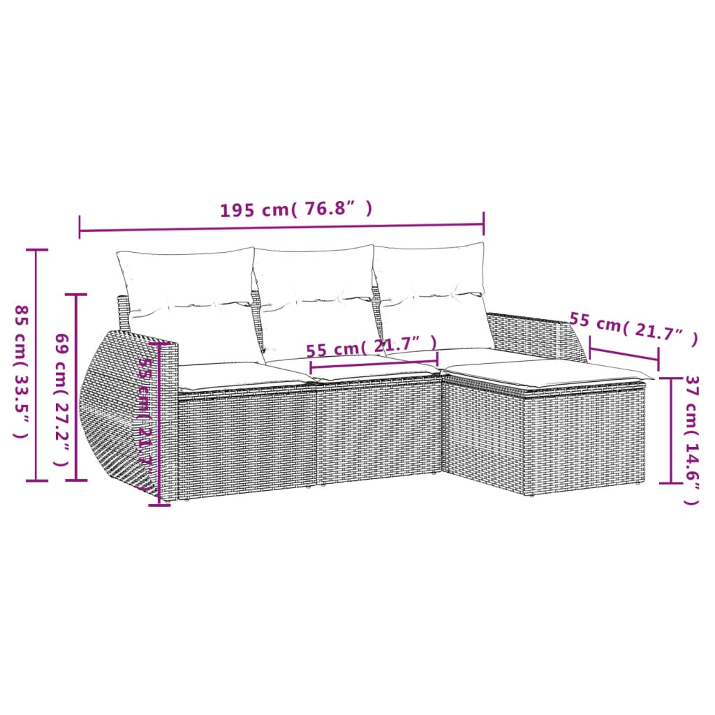 4-teiliges Gartensofa-Set mit Kissen, schwarzes Polyrattan