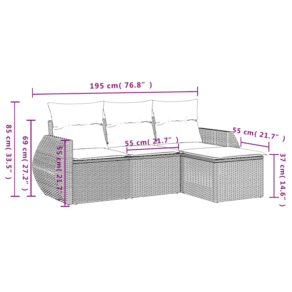 4-teiliges Gartensofa-Set mit Kissen, braun, Polyrattan