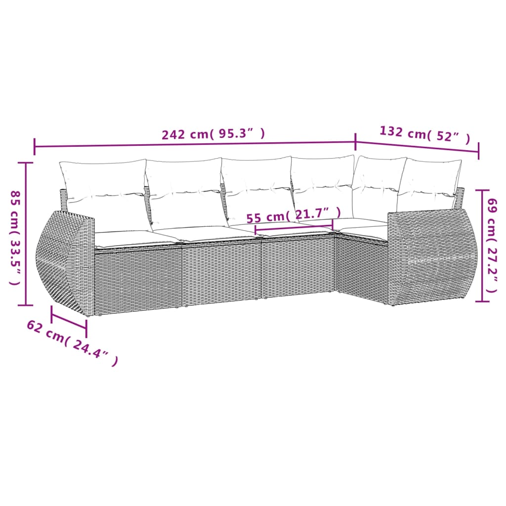 5-teiliges Gartensofa-Set mit Kissen, braun, Polyrattan