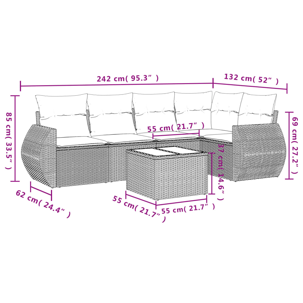 6-teiliges Gartensofa-Set mit Kissen, grau, Polyrattan