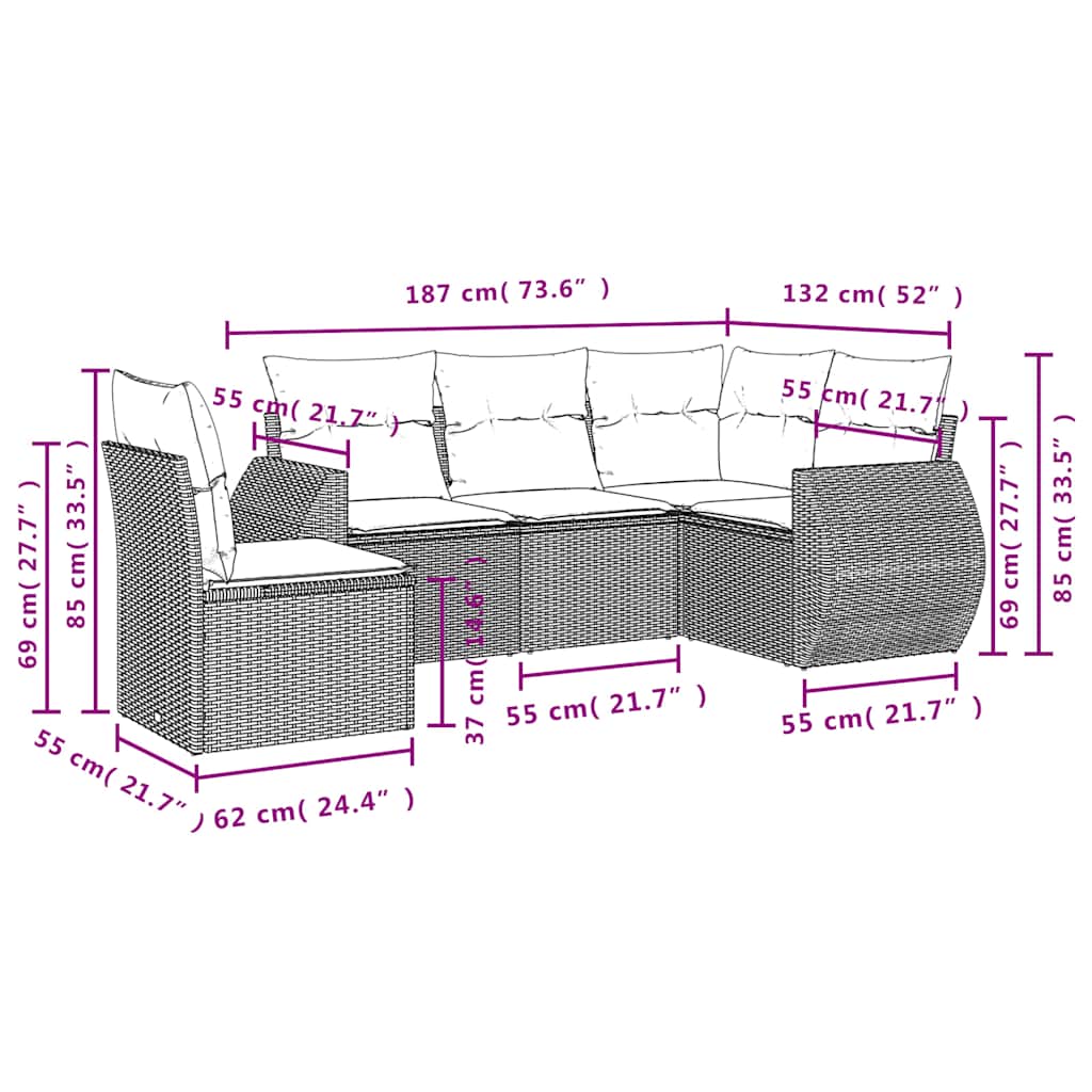 5-teiliges Gartensofa-Set mit Kissen, braun, Polyrattan