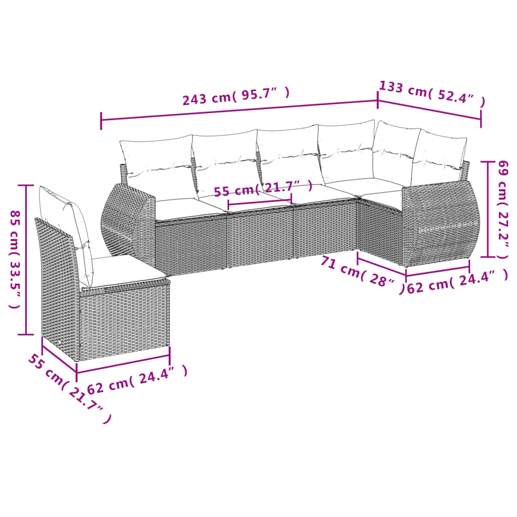 6-teiliges Gartensofa-Set mit Kissen, grau, Polyrattan