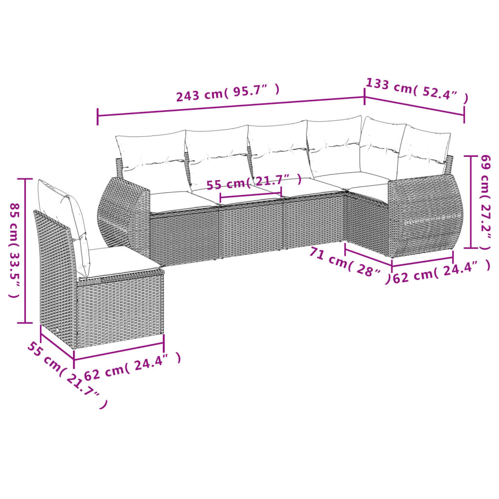 6-teiliges Gartensofa-Set mit Kissen, braun, Polyrattan