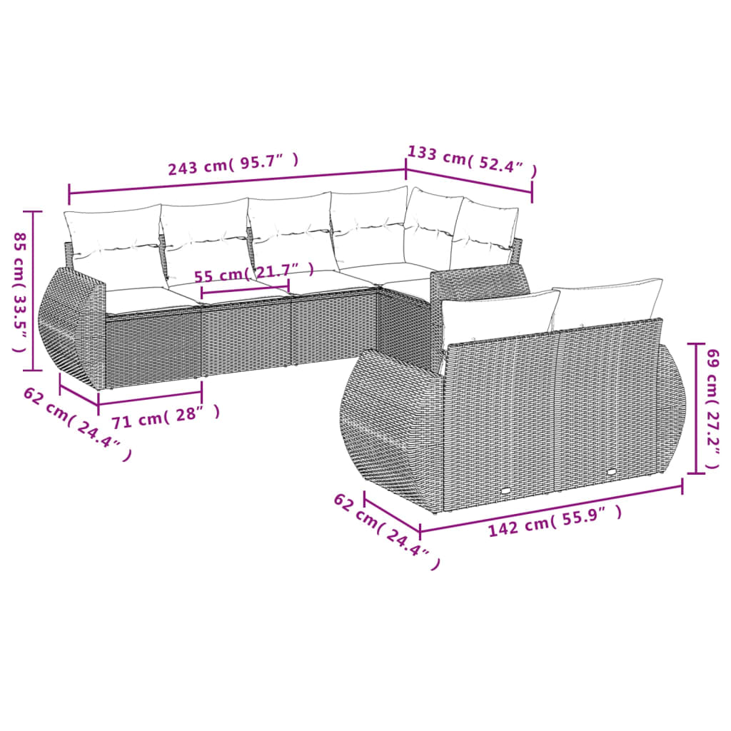 7-teiliges Gartensofa-Set mit Kissen, schwarzes Polyrattan