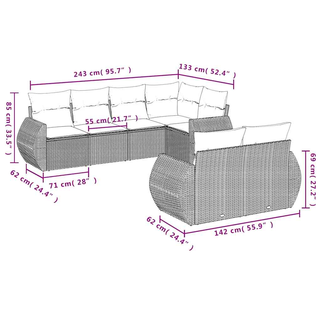 7-teiliges Gartensofa-Set mit Kissen, grau, Polyrattan