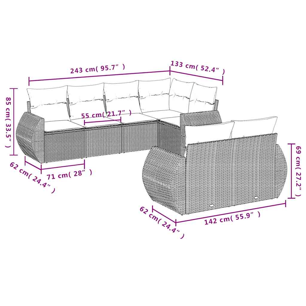 7-teiliges Gartensofa-Set mit Kissen, braun, Polyrattan