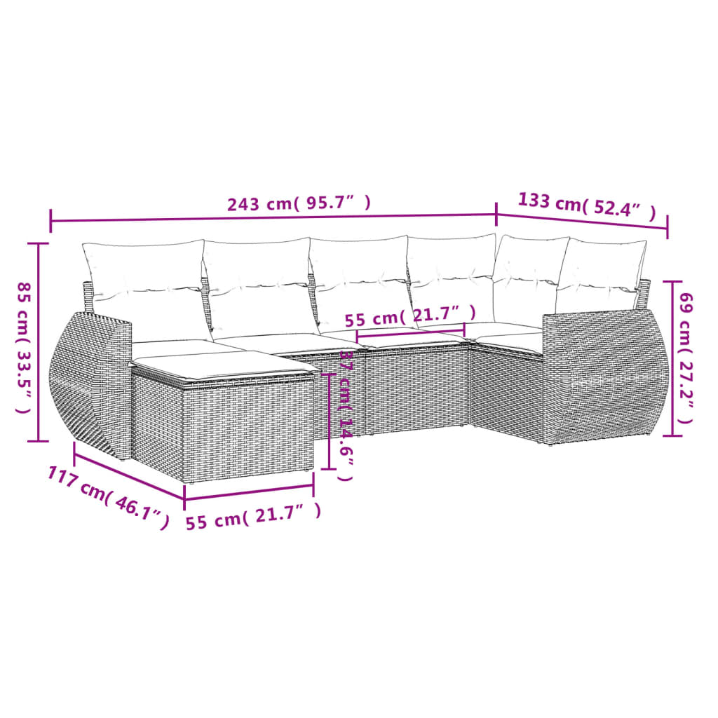 6-teiliges Gartensofa-Set mit Kissen, grau, Polyrattan