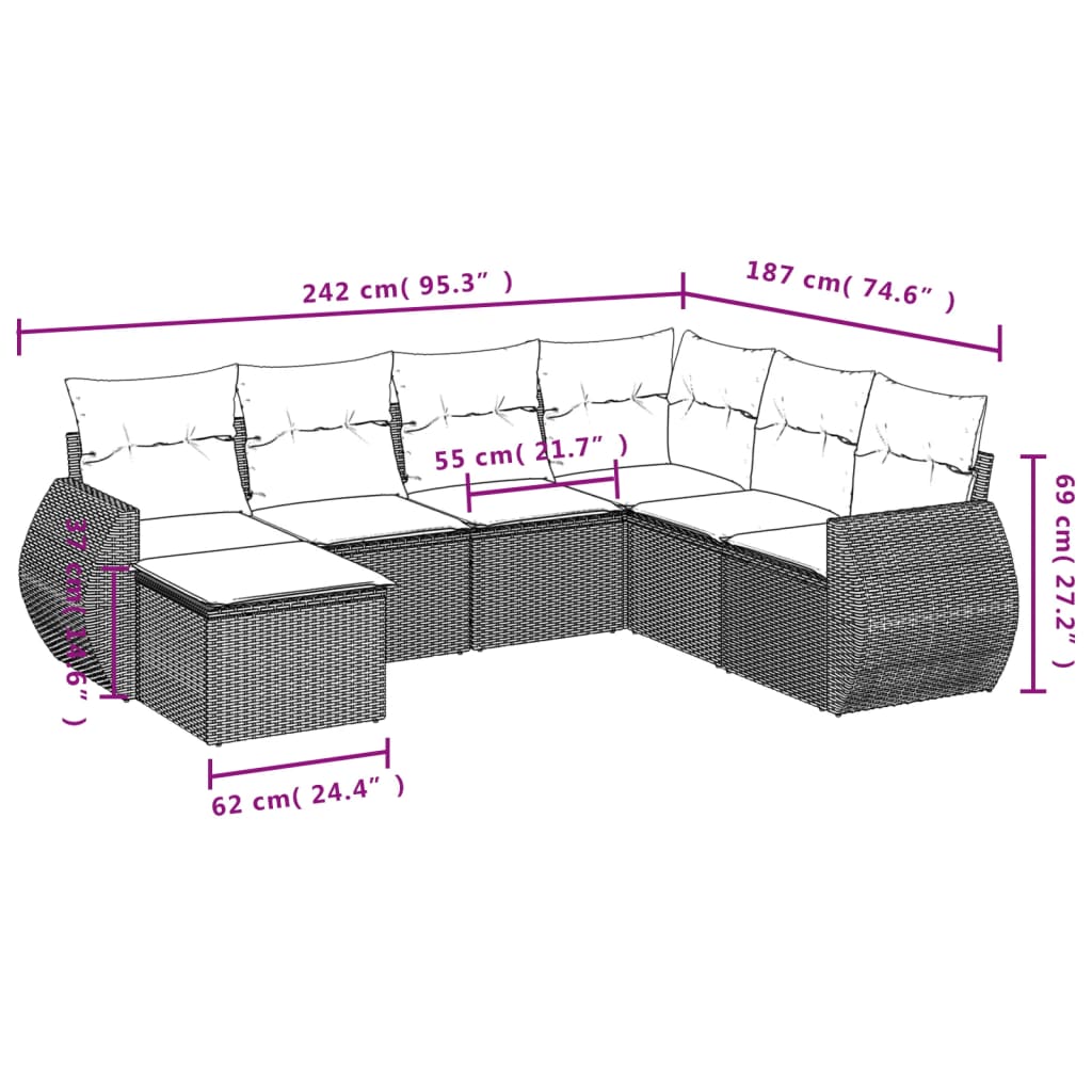7-teiliges Gartensofa-Set mit Kissen, braun, Polyrattan