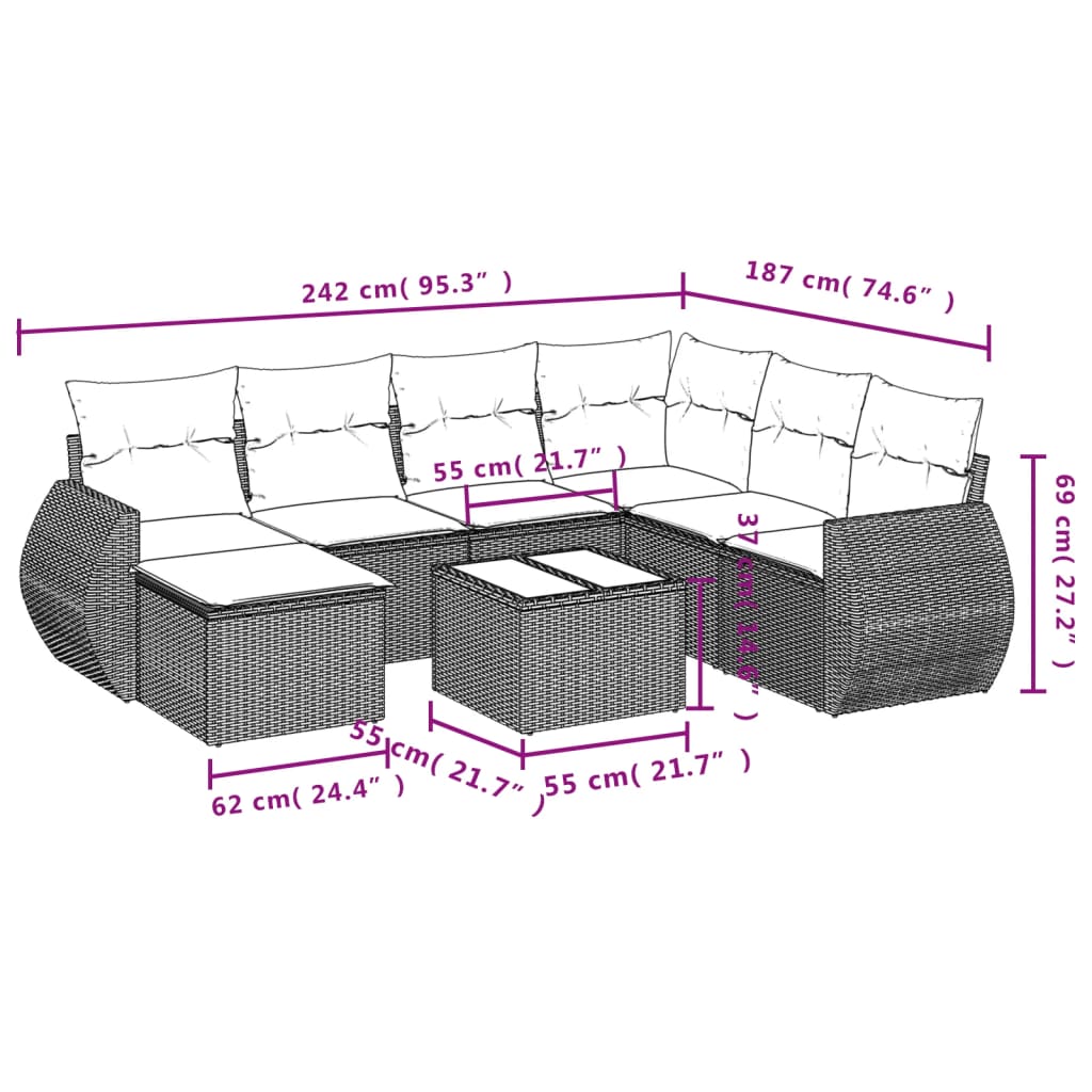 8-teiliges Gartensofa-Set mit Kissen, grau, Polyrattan