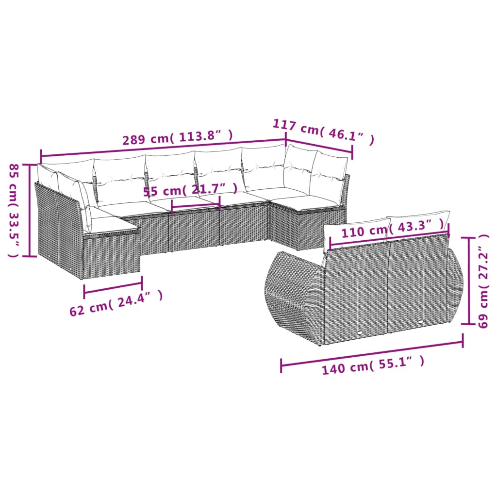 9-teiliges Gartensofa-Set mit Kissen, schwarzes Polyrattan