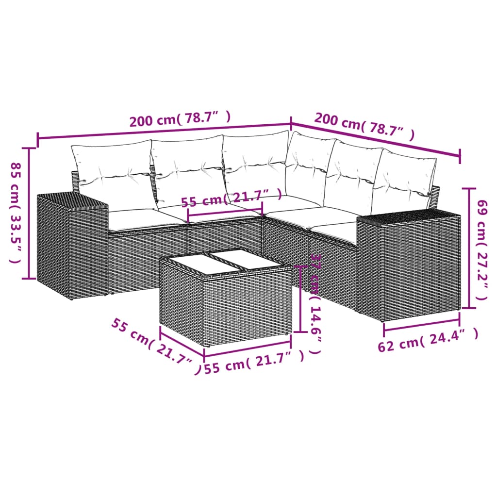 6-teiliges Gartensofa-Set mit Kissen, schwarzes Polyrattan