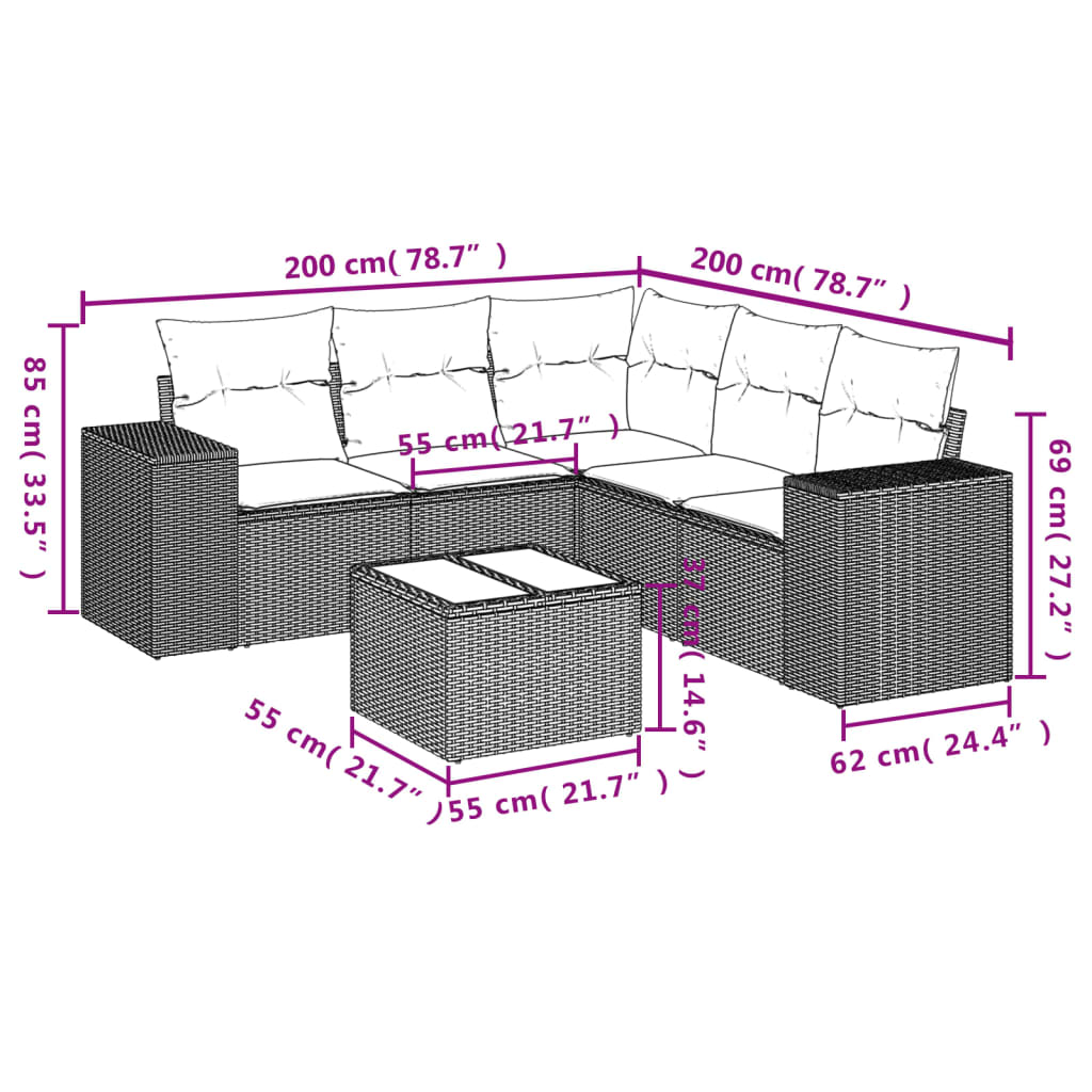 6-teiliges Gartensofa-Set mit Kissen, braun, Polyrattan
