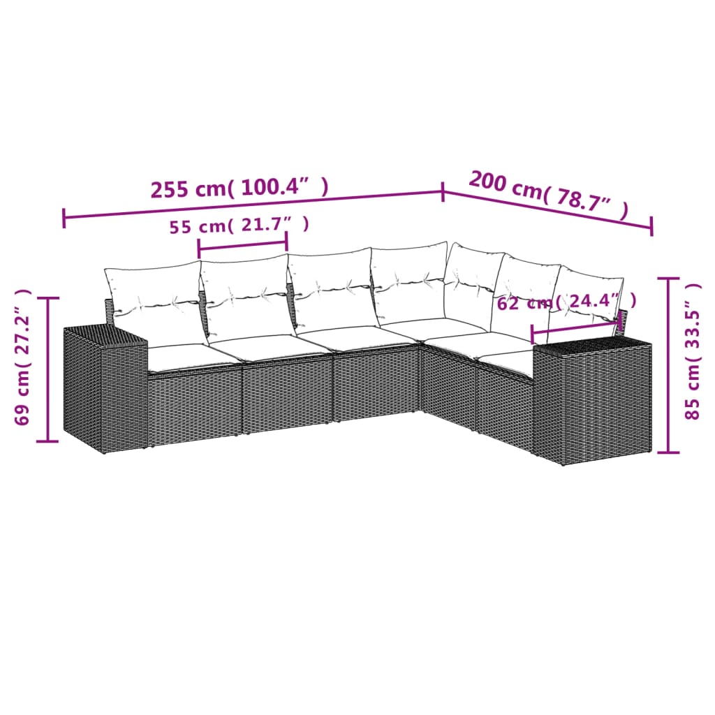 6-teiliges Gartensofa-Set mit Kissen, schwarzes Polyrattan