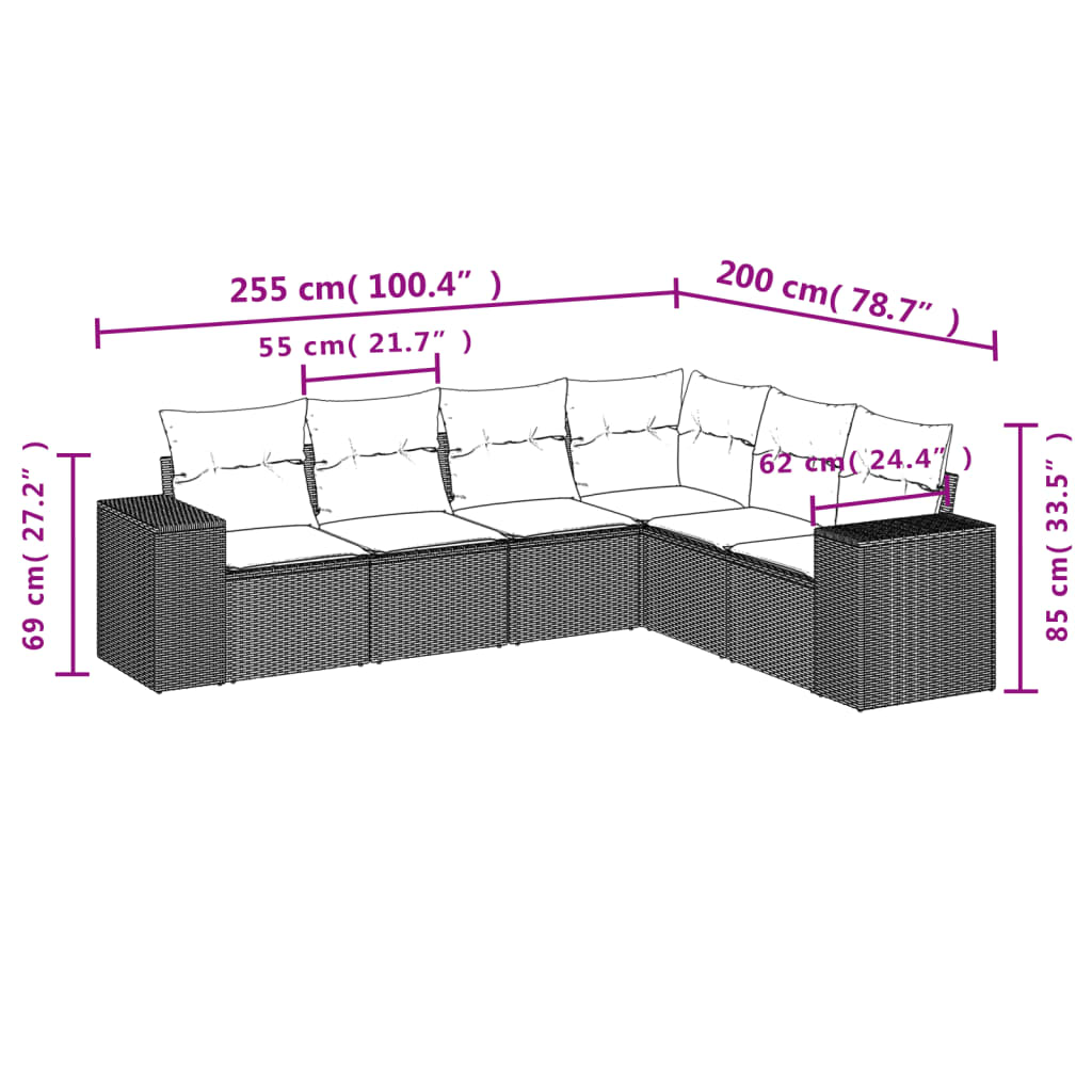 6-teiliges Gartensofa-Set mit Kissen, grau, Polyrattan