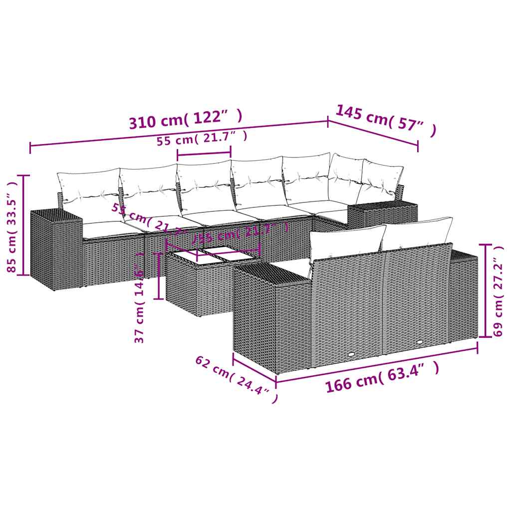 9-teiliges Gartensofa-Set mit Kissen, schwarzes Polyrattan