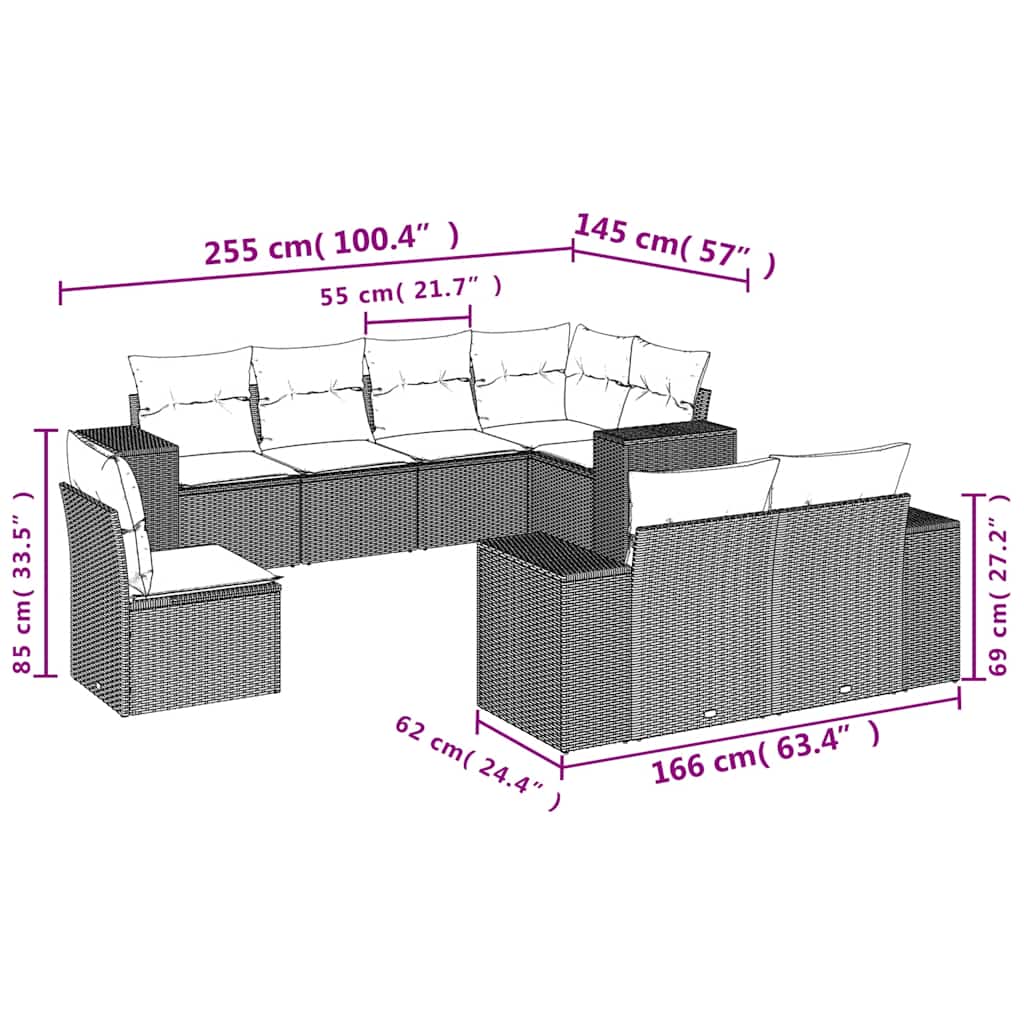 8-teiliges Gartensofa-Set mit Kissen, grau, Polyrattan