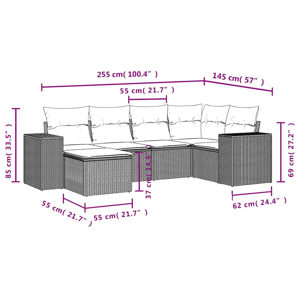 6-teiliges Gartensofa-Set mit Kissen, schwarzes Polyrattan