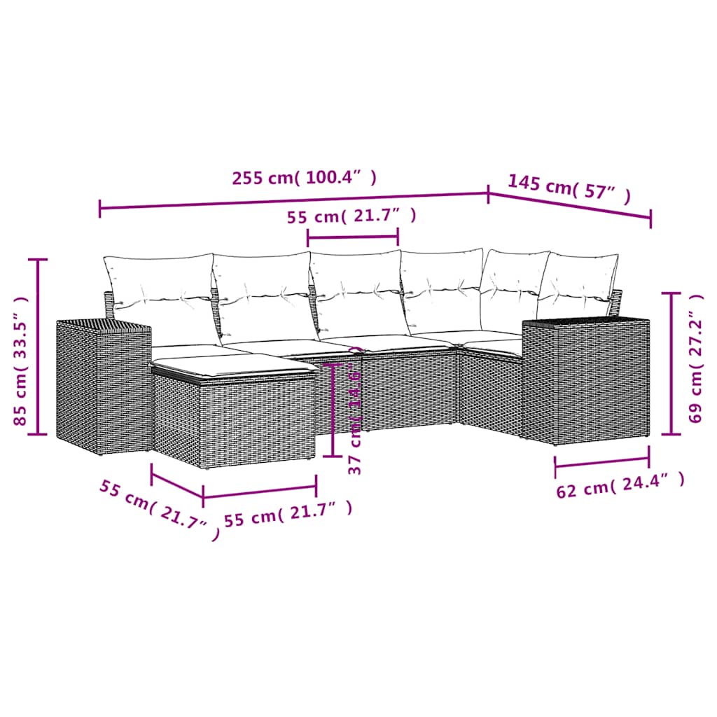 6-teiliges Gartensofa-Set mit Kissen, grau, Polyrattan