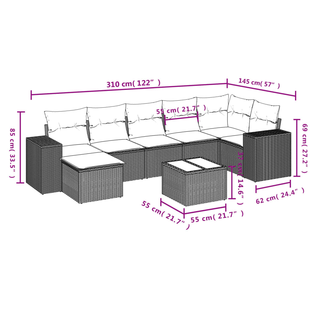 8-teiliges Gartensofa-Set mit Kissen, schwarzes Polyrattan