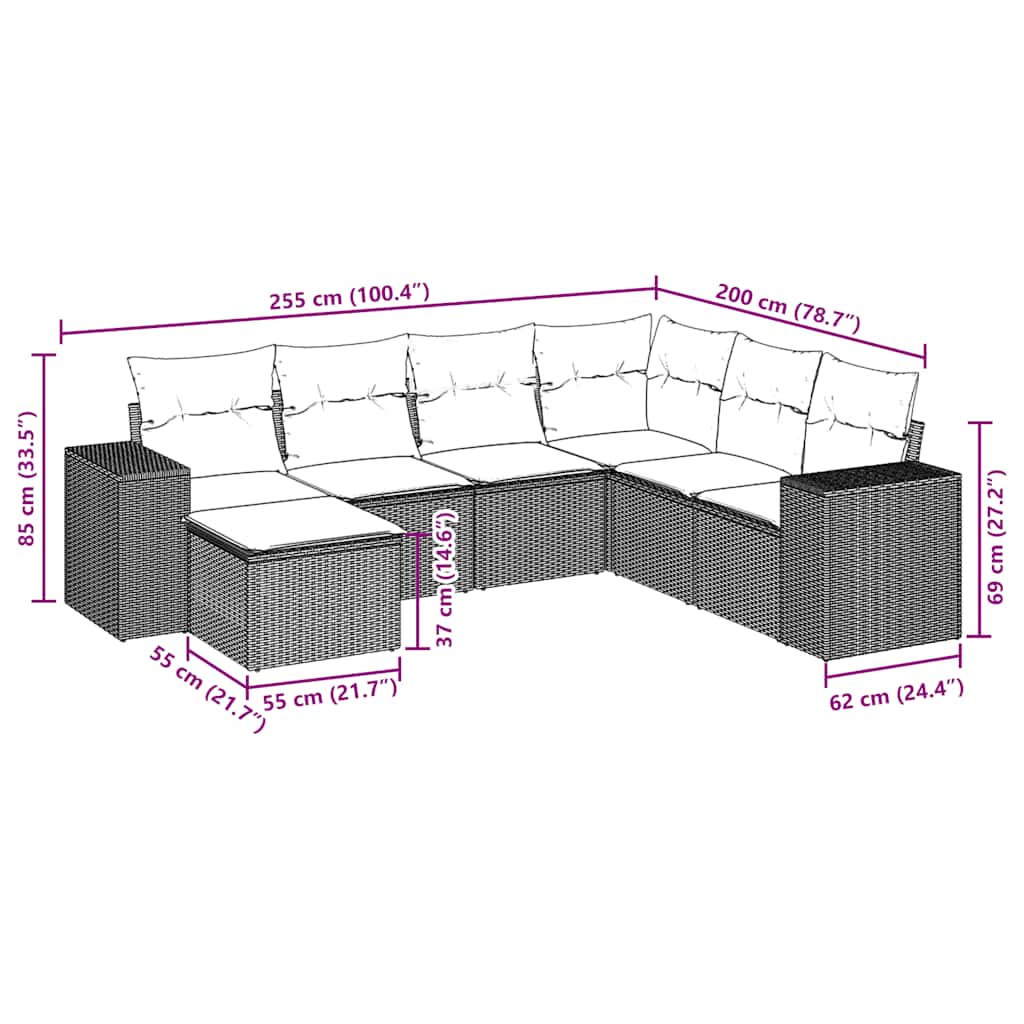 7-teiliges Gartensofa-Set mit Kissen, braun, Polyrattan