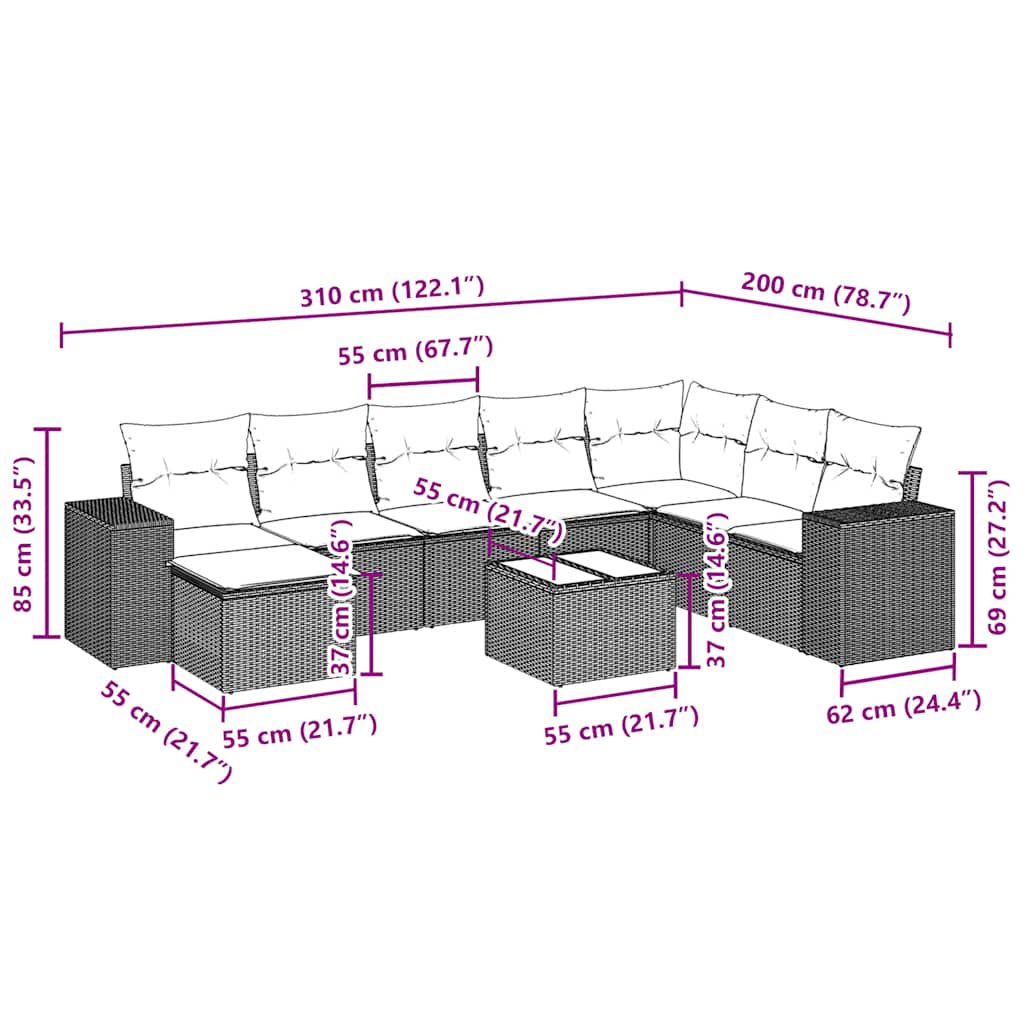 9-tlg. Garten-Sofagarnitur mit Kissen Hellgrau Poly Rattan