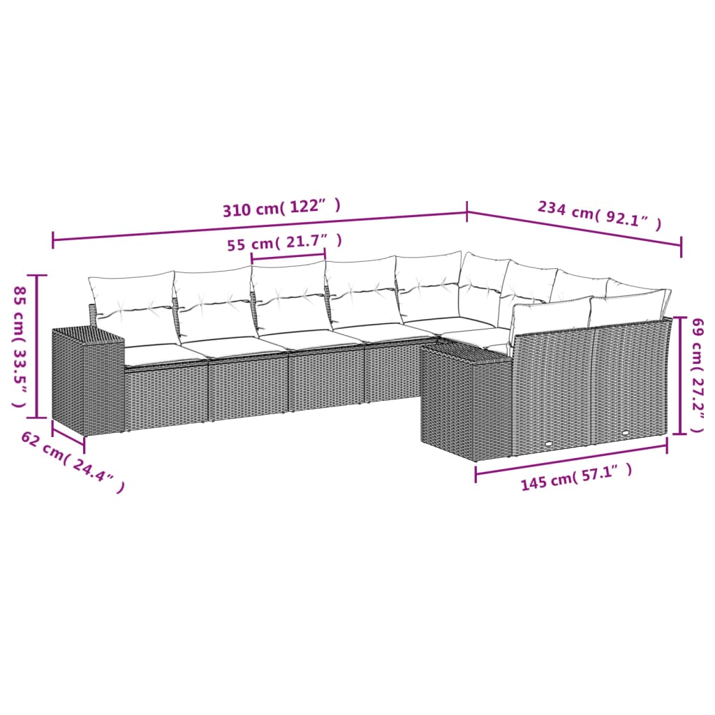 9-teiliges Gartensofa-Set mit Kissen, grau, Polyrattan