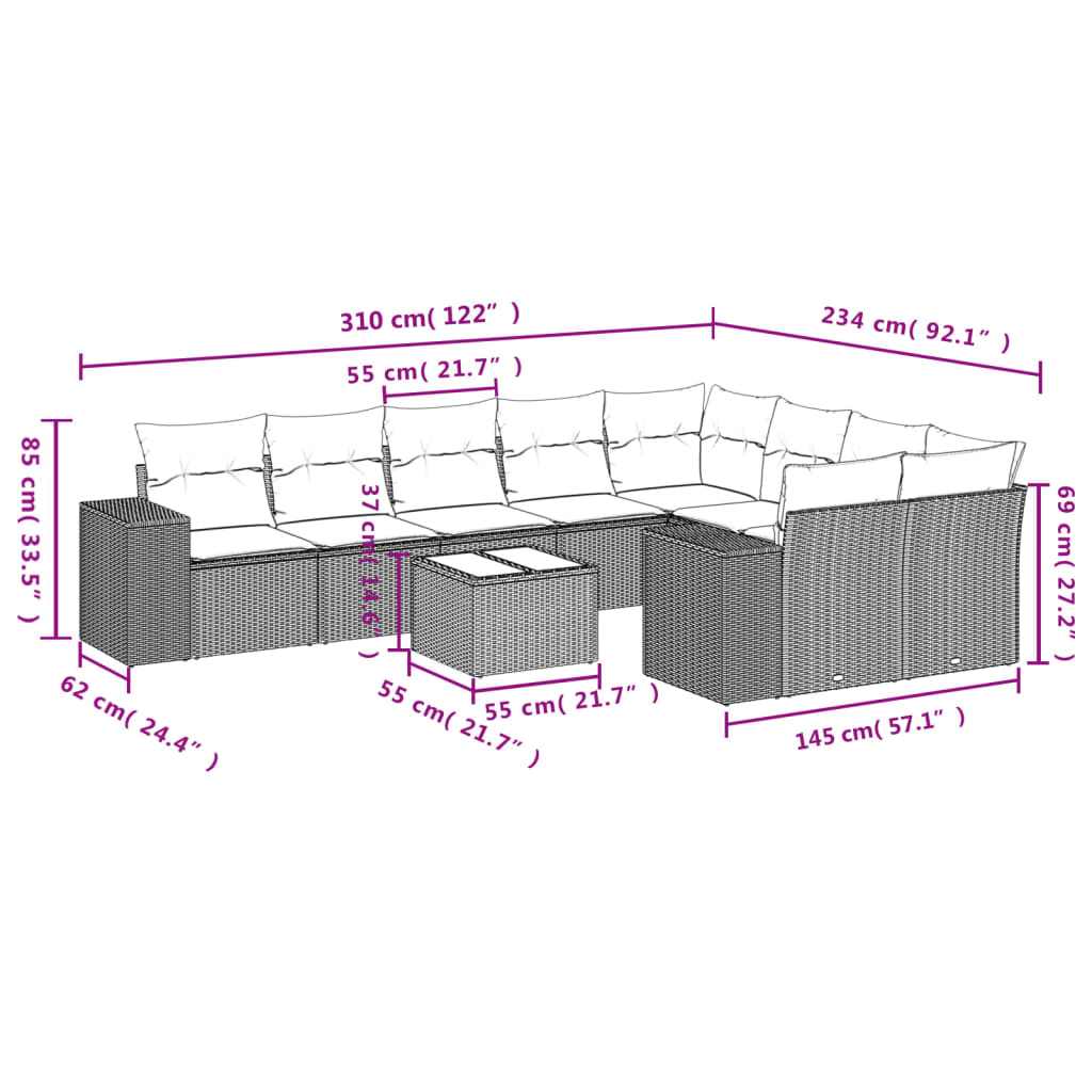 10-teiliges Gartensofa-Set mit Kissen, schwarzes Polyrattan