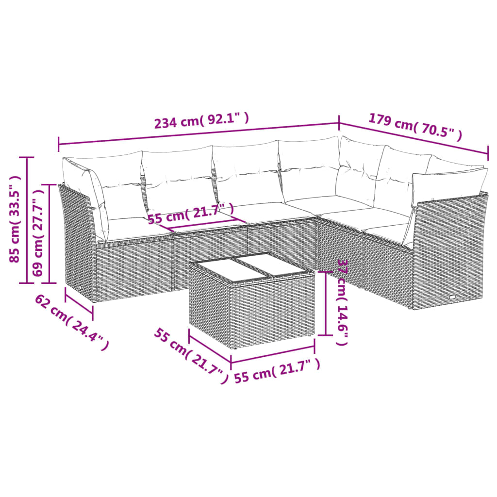 7-teiliges Gartensofa-Set mit Kissen, grau, Polyrattan