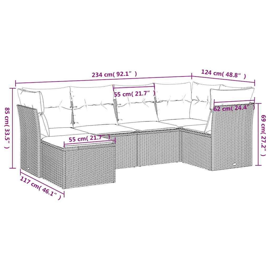 6-tlg. Garten-Sofagarnitur mit Kissen Braun Poly Rattan