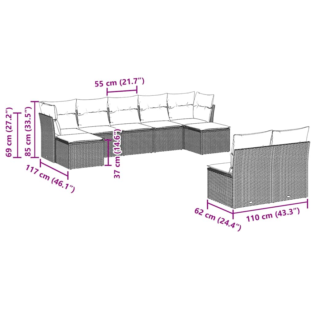 9-tlg. Garten-Sofagarnitur mit Kissen Braun Poly Rattan