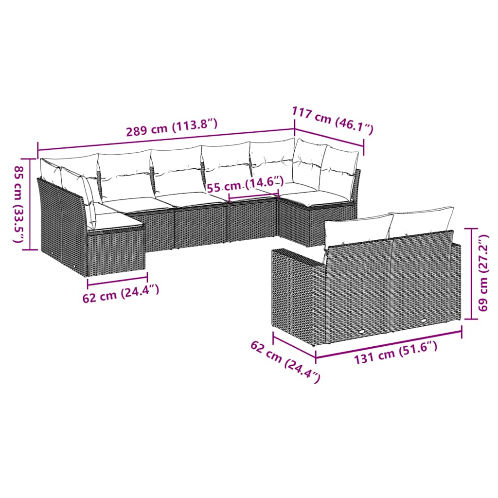 9-tlg. Garten-Sofagarnitur mit Kissen Braun Poly Rattan