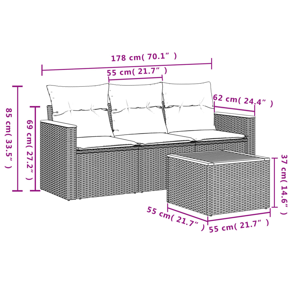 4-teiliges Gartensofa-Set mit Kissen, grau, Polyrattan