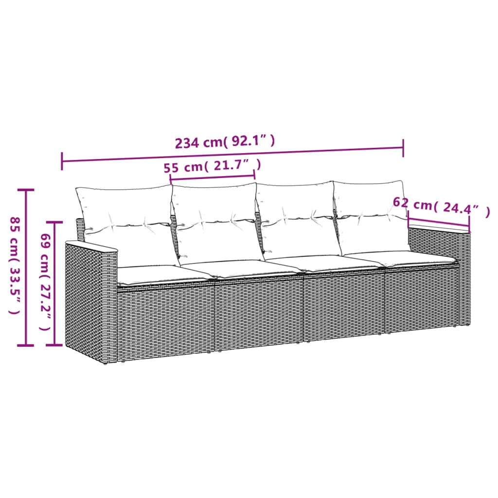 4-teiliges Gartensofa-Set mit Kissen, grau, Polyrattan