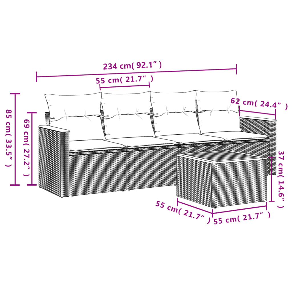 5-teiliges Gartensofa-Set mit Kissen, grau, Polyrattan