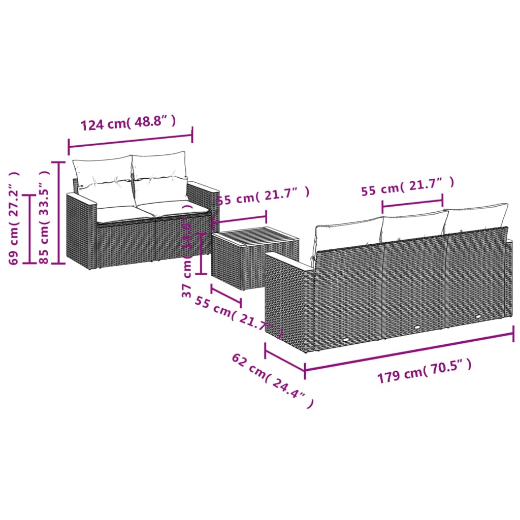 6-teiliges Gartensofa-Set mit Kissen, schwarzes Polyrattan