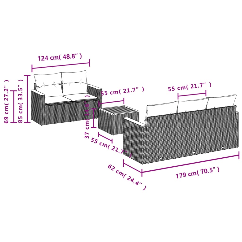 6-teiliges Gartensofa-Set mit Kissen, grau, Polyrattan