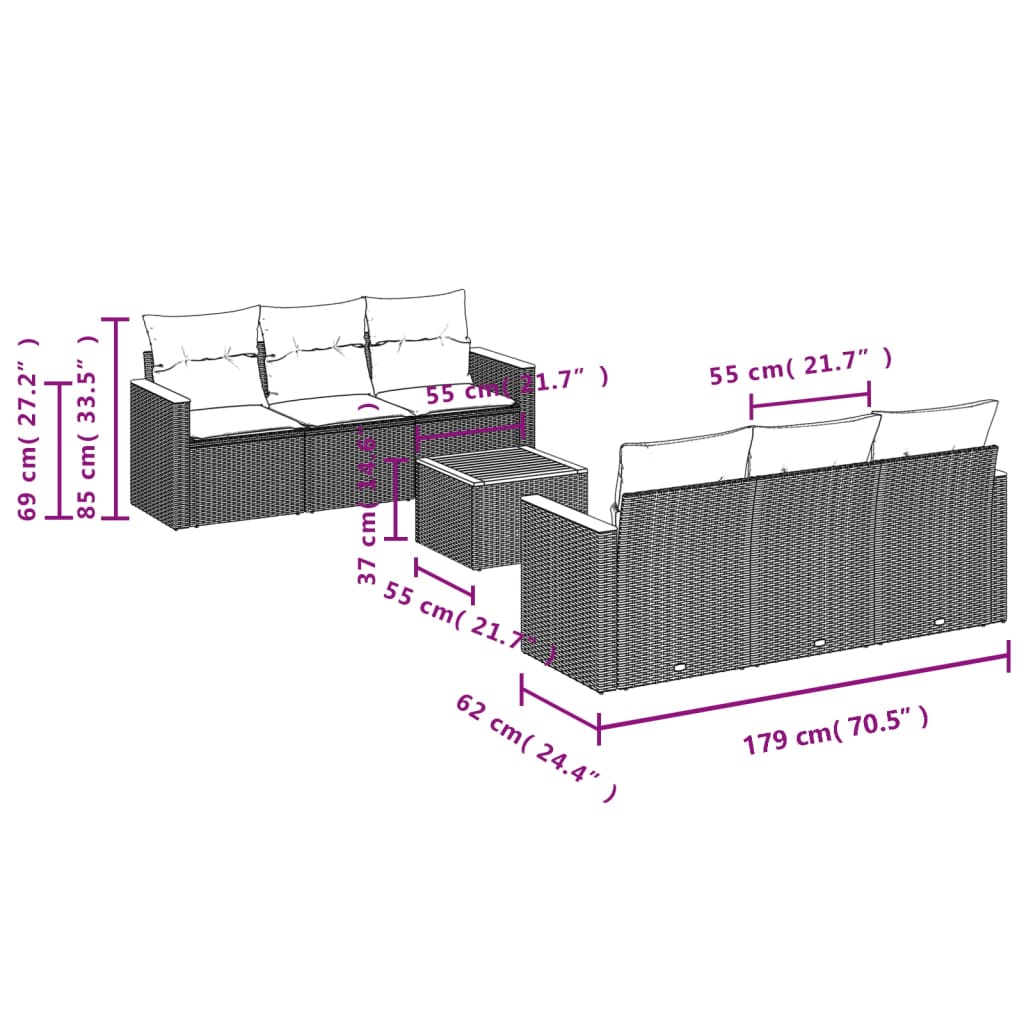 7-teiliges Gartensofa-Set mit Kissen, schwarzes Polyrattan