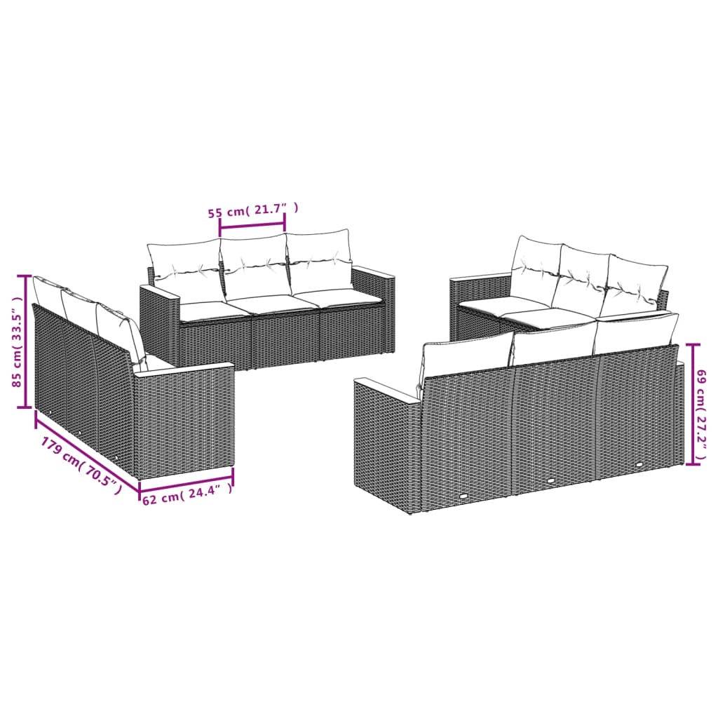 12-teiliges Gartensofa-Set mit Kissen, schwarzes Polyrattan