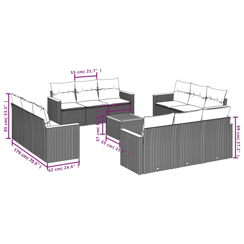 13-teiliges Gartensofa-Set mit Kissen, schwarzes Polyrattan
