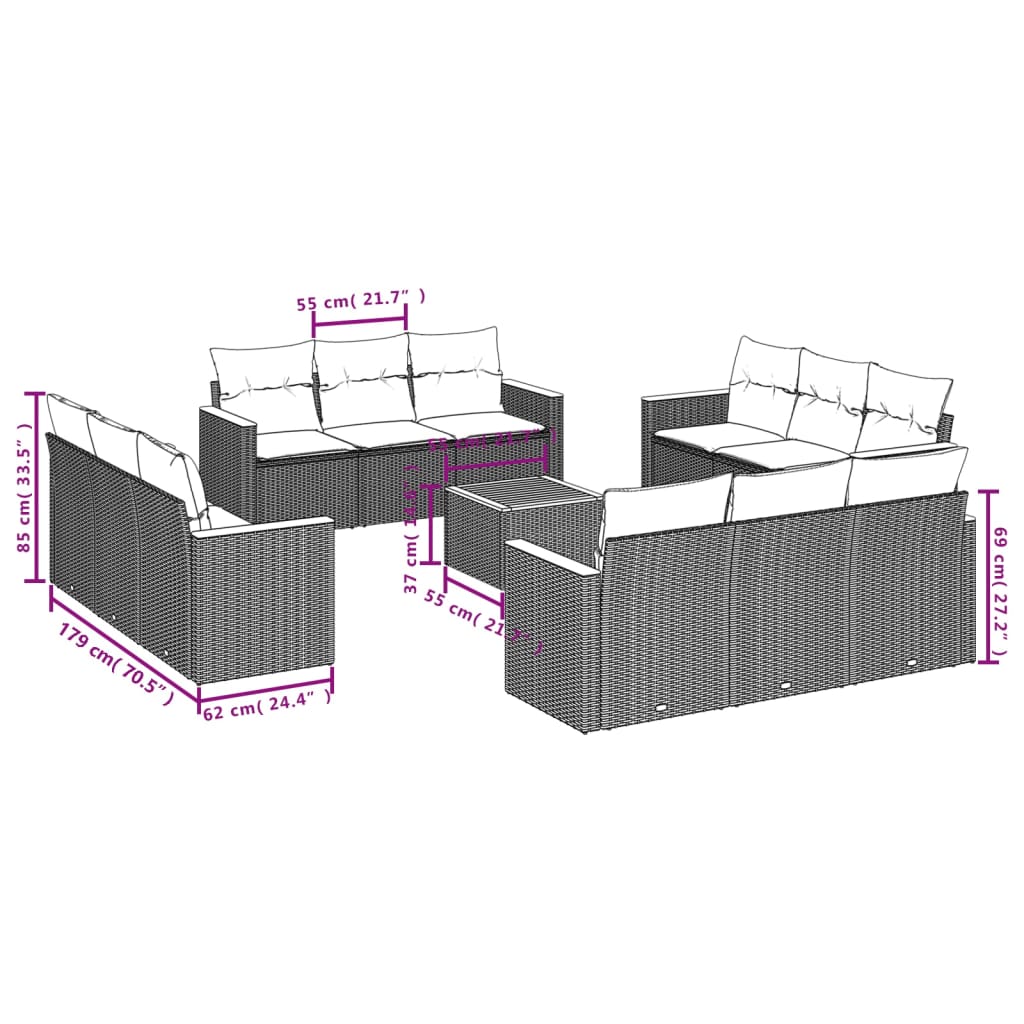 13-teiliges Gartensofa-Set mit Kissen, grau, Polyrattan