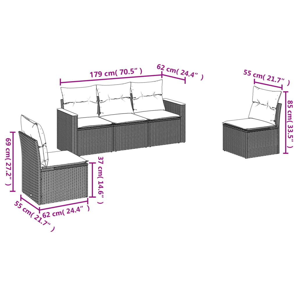 5-teiliges Gartensofa-Set mit Kissen, grau, Polyrattan