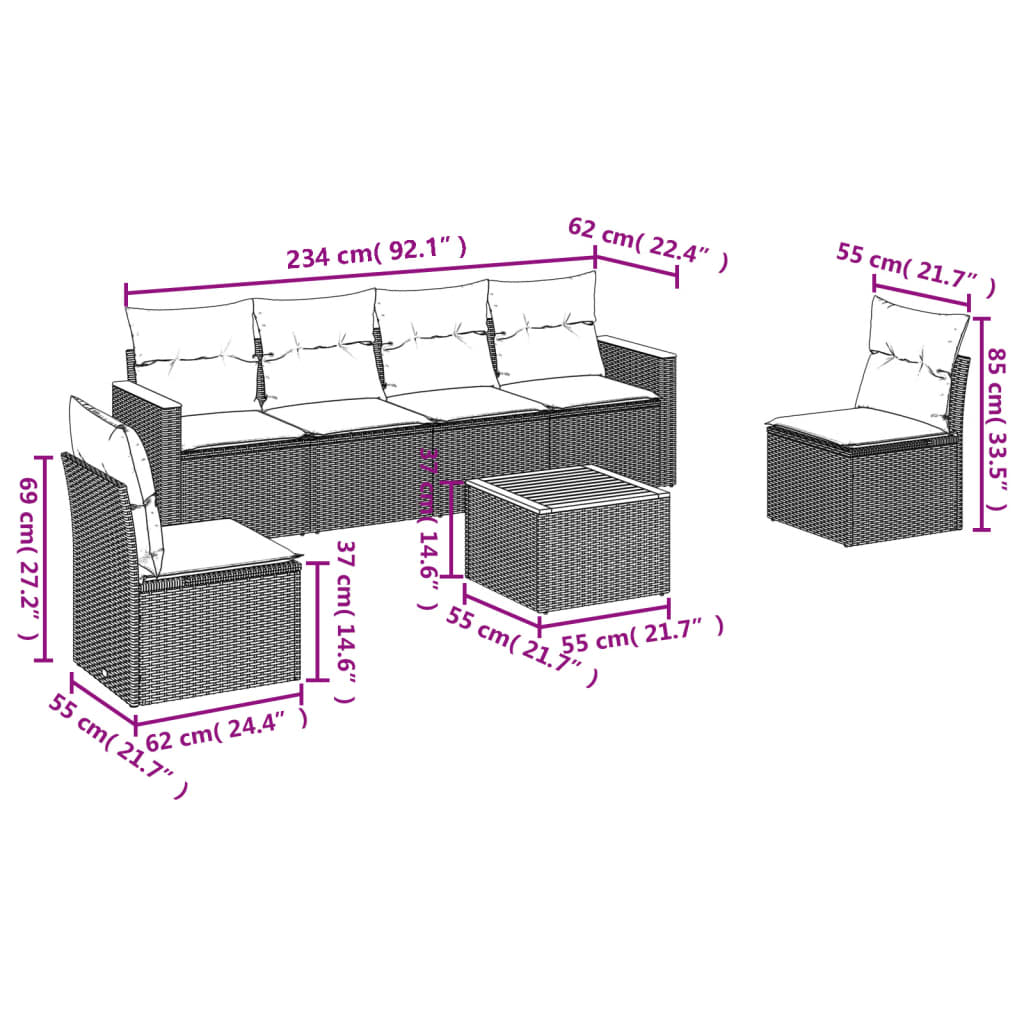 7-teiliges Gartensofa-Set mit Kissen, schwarzes Polyrattan