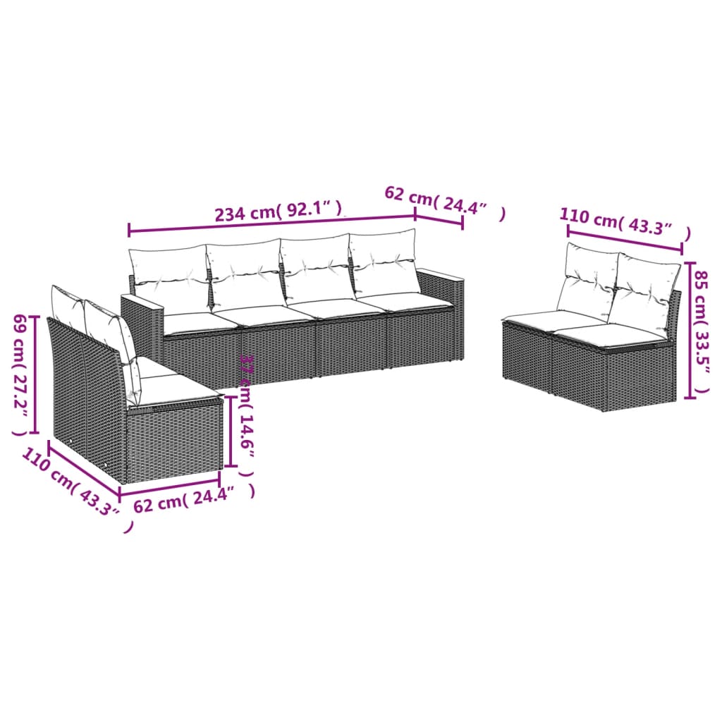 8-teiliges Gartensofa-Set mit Kissen, schwarzes Polyrattan