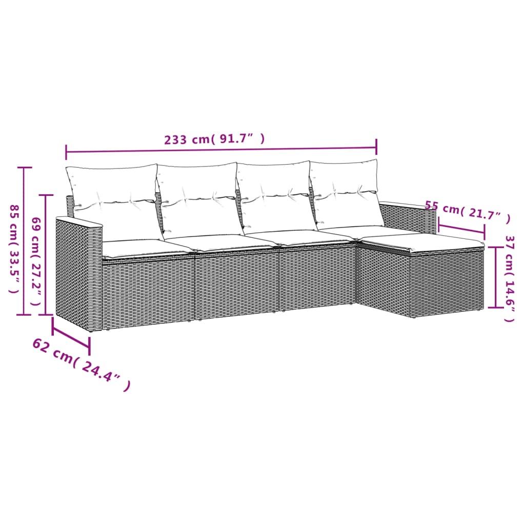 5-teiliges Gartensofa-Set mit Kissen, grau, Polyrattan