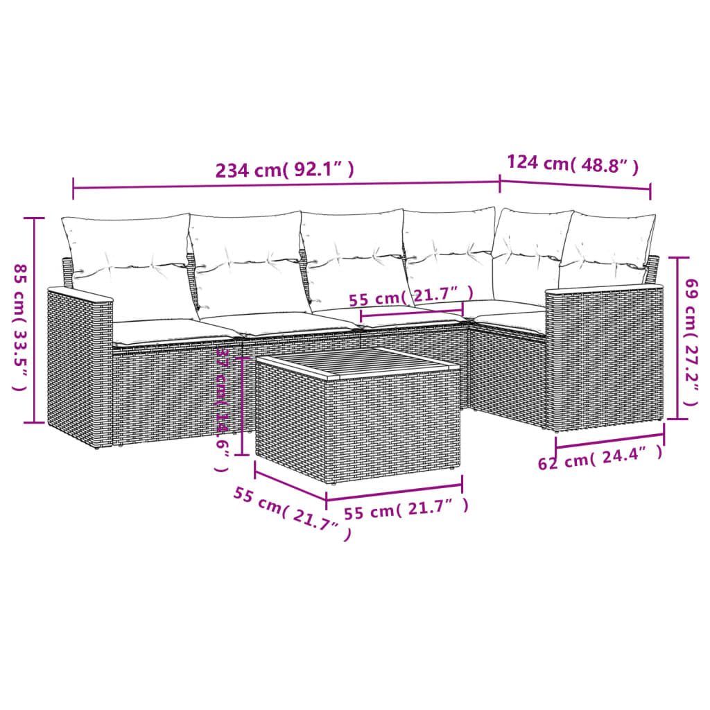 6-teiliges Gartensofa-Set mit Kissen, grau, Polyrattan