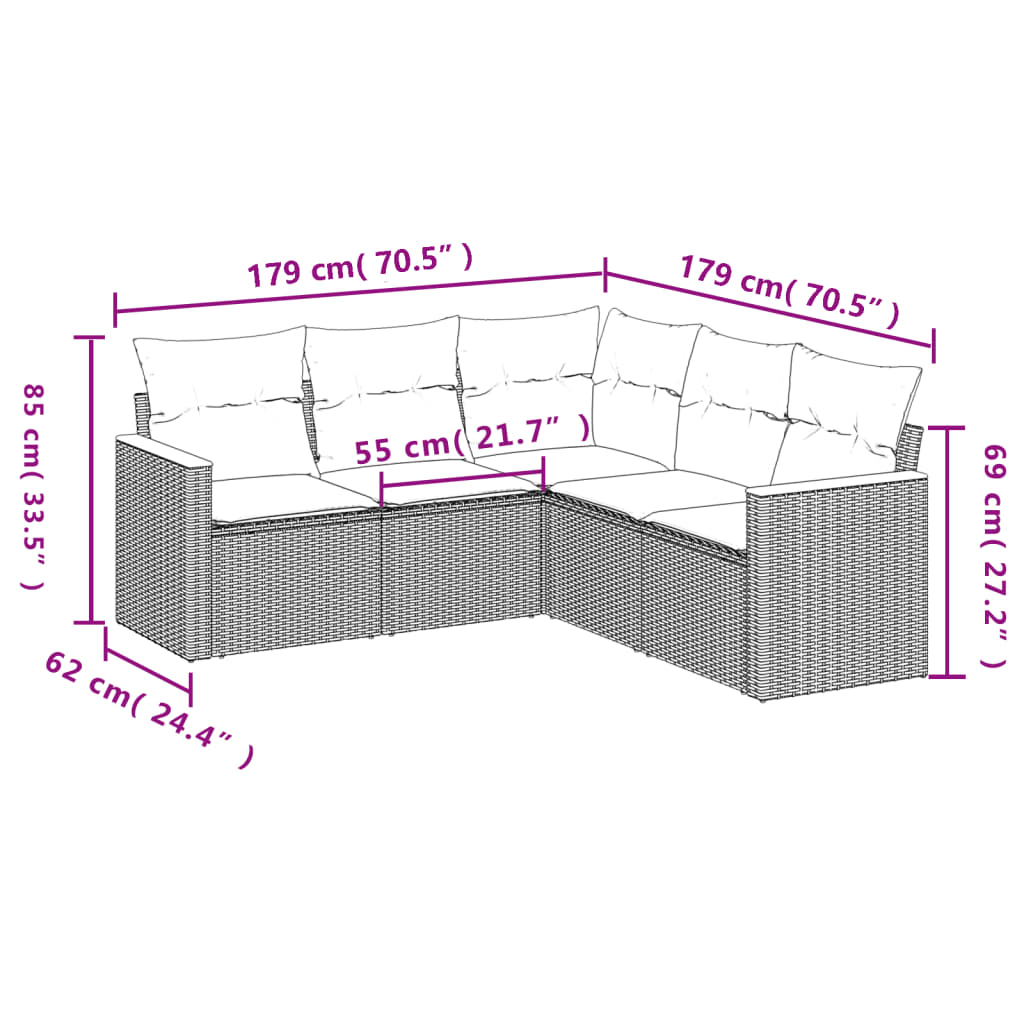 5-teiliges Gartensofa-Set mit Kissen, schwarzes Polyrattan